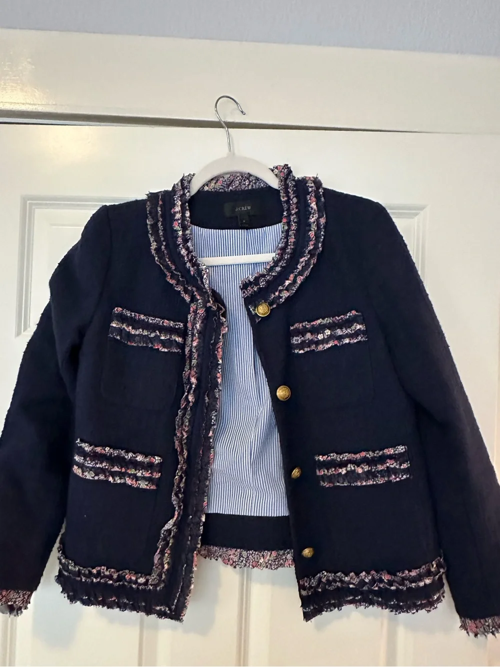 J. Crew Navy Bouclé Blazer with Multicolor Tweed Trim